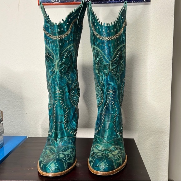 Anna Sui Shoes - Rare Anna Sui Cowboy Boots - Butterfly design-size 40-turquoise-blue/green